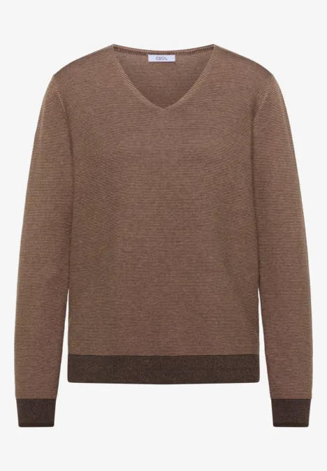 Brauner V-Pullover mit langen Ärmeln und dunklem Saum und Bündchen.
