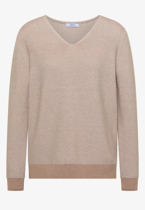 Beige V-Pullover mit V-Ausschnitt und langen Ärmeln, gerippten Bündchen an Ärmeln und Saum.