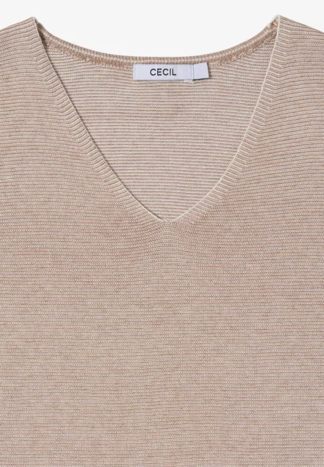Beige Strickshirt mit V-Ausschnitt und kurzen Ärmeln, Marke CECIL