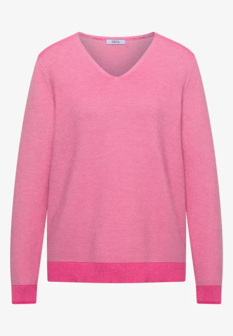 Rosa V-Ausschnitt-Pullover mit langen Ärmeln.