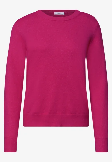 Prosty damski sweter w kolorze magenta z okrągłym dekoltem i długimi rękawami.