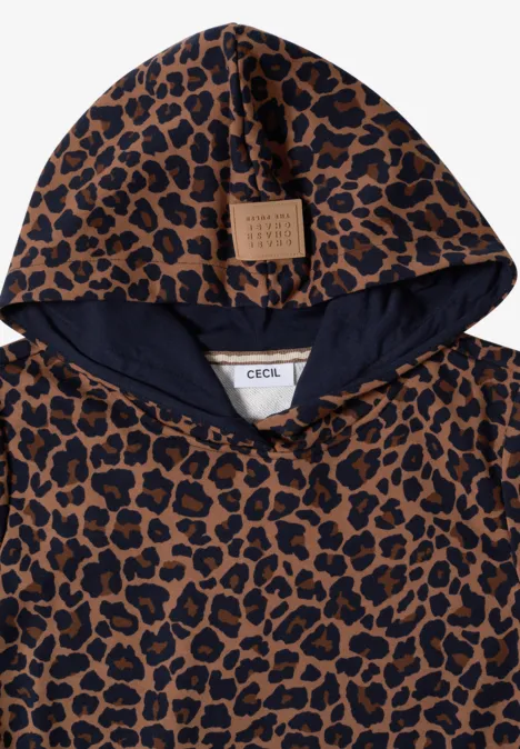 Sweat à capuche plié avec motif léopard marron et capuche intérieure bleu marine.