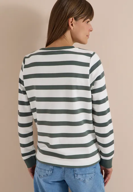 Sweatshirt met ronde hals en trekkoord dried olive green Rugaanzicht van een persoon in een wit-groen gestreept shirt met lange mouwen en een spijkerbroek.