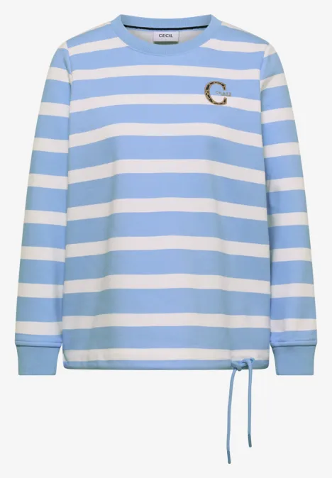 Hellblau-weiß gestreiftes Langarmshirt mit seitlicher Bindeschleife und kleinem 'C'-Logo auf der Brust.