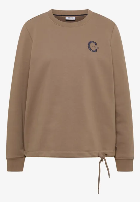 Beiges Sweatshirt mit Rundhalsausschnitt, kleinem C-Logo auf der Brust und Kordelzug am Saum