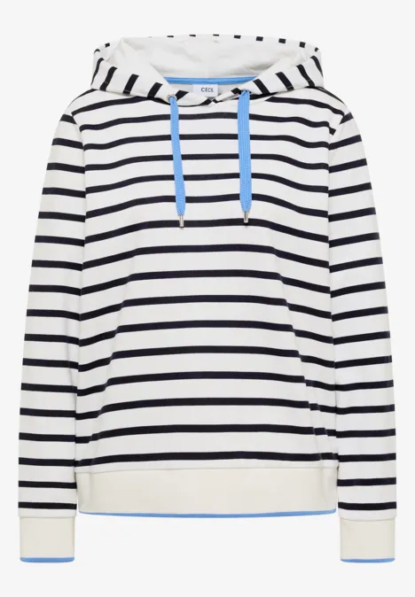 Weißer Kapuzenpullover mit schwarzen Streifen und hellblauen Kordeln.