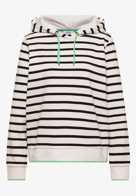 Weißer Hoodie mit schwarzen Streifen und grünen Kordeln.