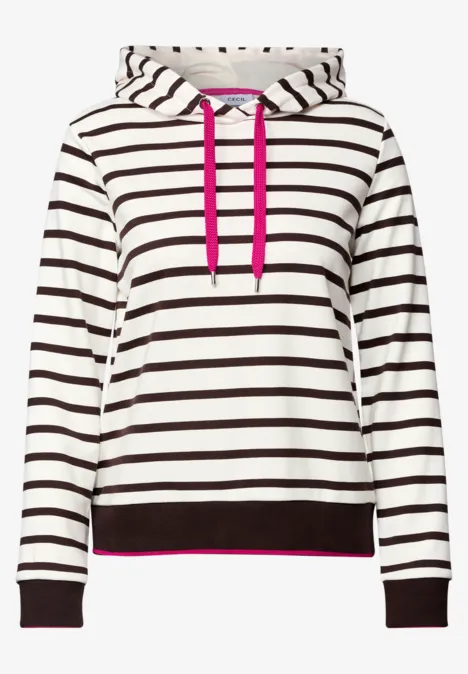 Sweatshirt mit Kapuze und Streifen truffle brown Weißes Hoodie mit schwarzen Streifen, pinken Kordeln und rosa Saum