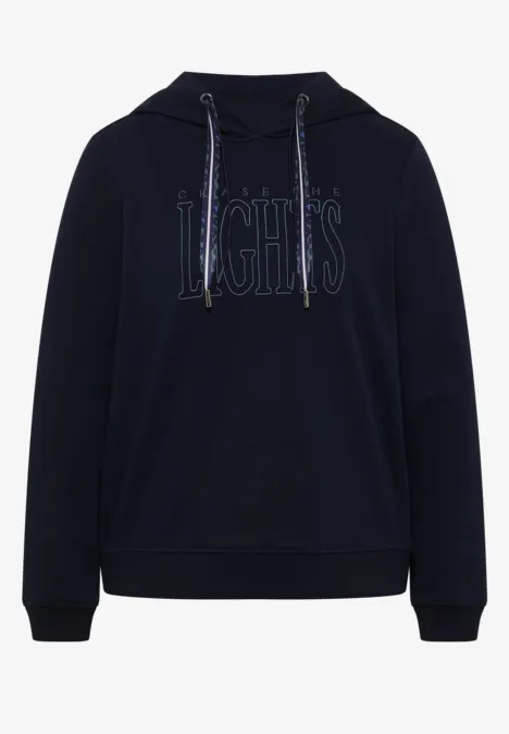 Dunkelblauer Hoodie mit Kapuze, Kordeln und Aufdruck "LIGHTS" in leuchtend blauem Ton.