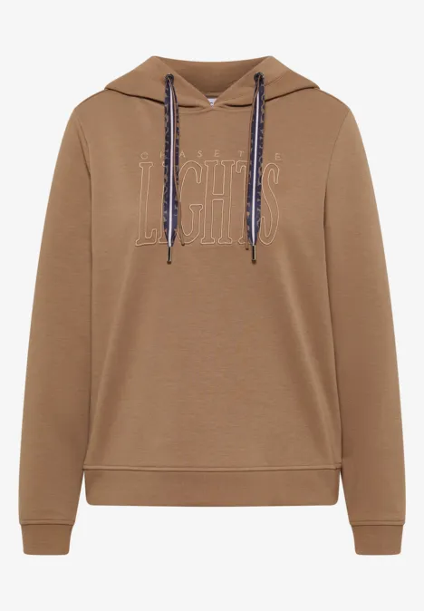 Brauner Kapuzenpullover mit aufgesticktem Schriftzug, kontrastfarbenen Kordeln und gerippten Bündchen
