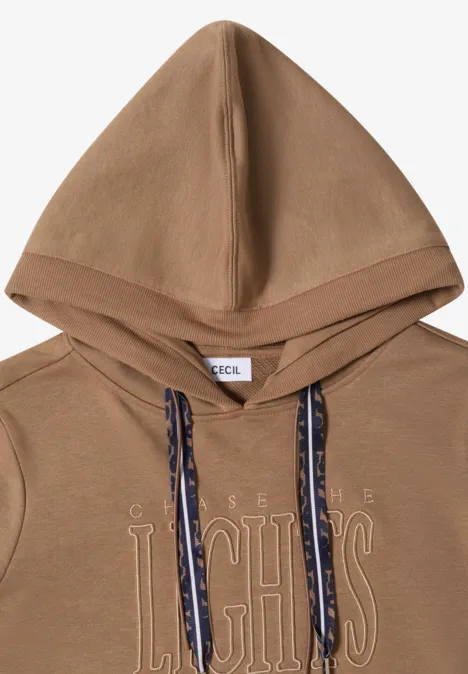 Brauner Kapuzenpullover mit kontrastfarbigen Kordeln und angesetzter Kapuze.