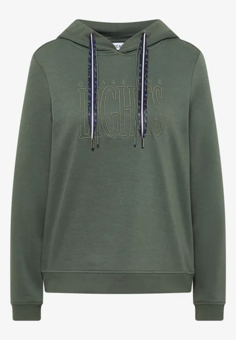 Dunkelgrüner Kapuzenpullover mit Fronttasche und verstellbaren Kordeln.