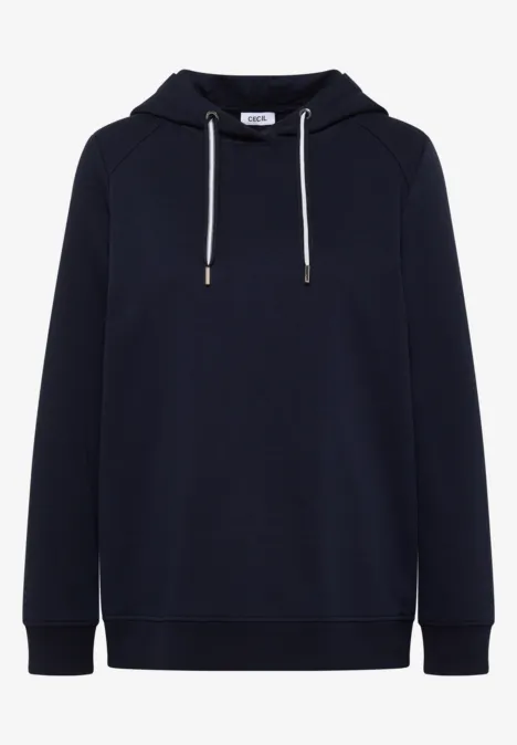Donkerblauwe capuchonsweater met witte trekkoorden en geribbelde boorden