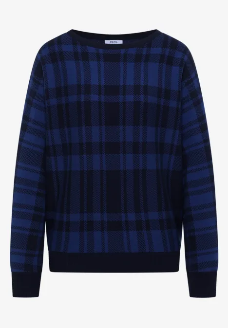 Dolman Pullover mit Karomuster urban dark blue Dunkelblauer Pullover mit schwarzem Karomuster, Rundhalsausschnitt und langen Ärmeln.