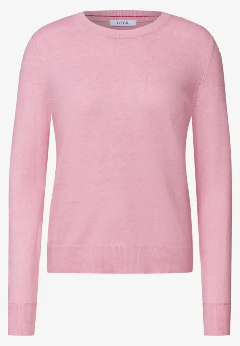 Ein schlichter, rosa Pullover mit Rundhalsausschnitt und langen Ärmeln.