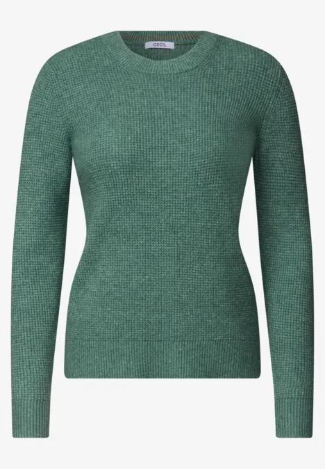 Schlichter grüner Pullover mit Rundhalsausschnitt und feiner Strickstruktur.