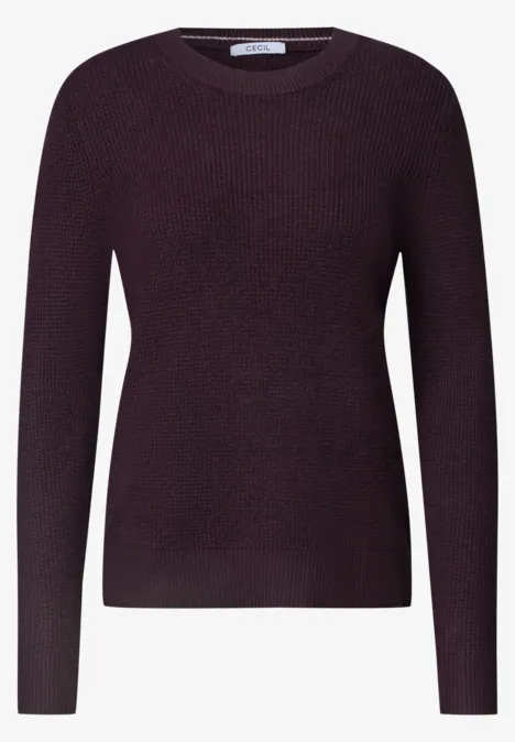 Ein dunkelvioletter, langärmliger Pullover aus Feinstrick mit Rundhalsausschnitt.