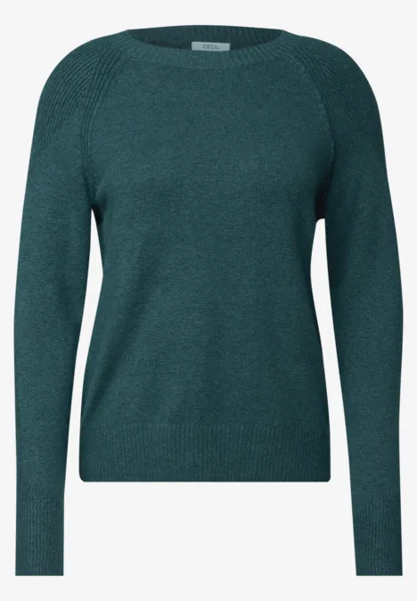 Trui met ronde hals en structuurmix dark sea green melange Ein schlicht gestrickter grüner Pullover mit langen Ärmeln und Rundhalsausschnitt.