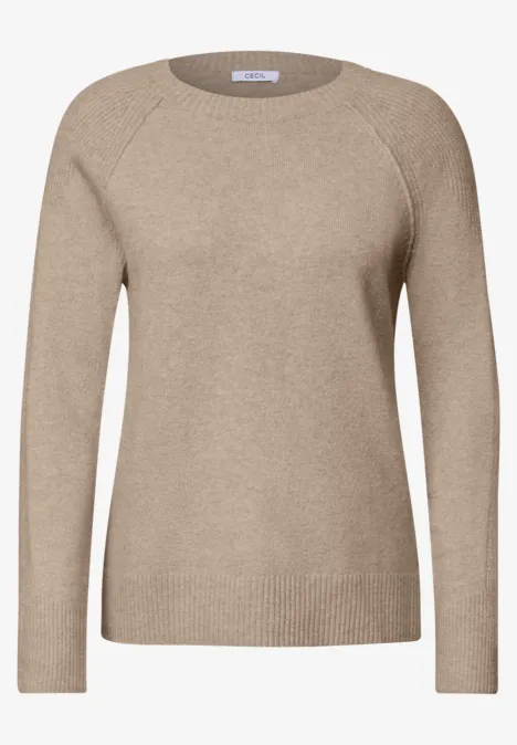 Beiger Strickpullover mit langen Ärmeln und Rundhalsausschnitt, schmaler Rippenbund.