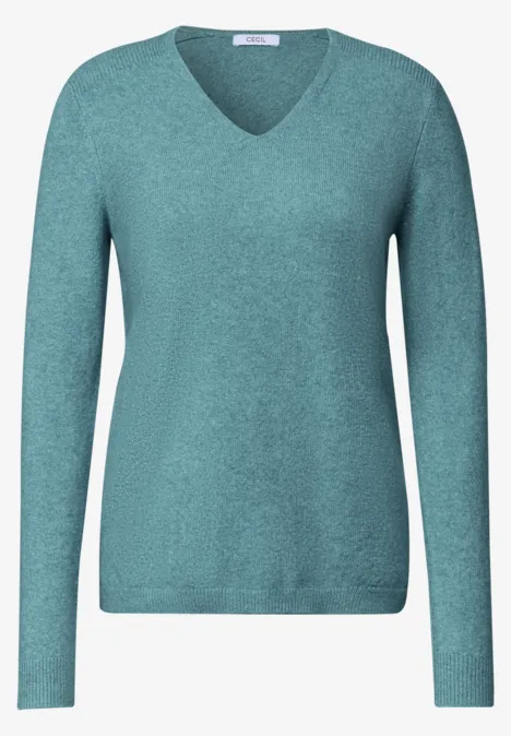 Turquoise trui met V-hals en lange mouwen, fijne breistof.