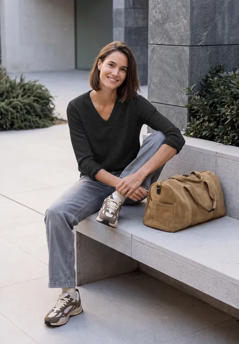 Pull col V à manches longues black melange Eine lächelnde Frau in legerer Kleidung sitzt mit einer Tasche auf einer Steinbank vor moderner Architektur.