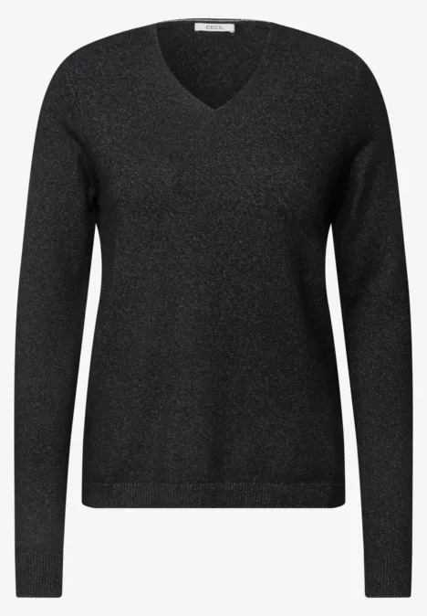 Pull col V à manches longues black melange Schwarzer V-Ausschnitt Pullover mit langen Ärmeln.