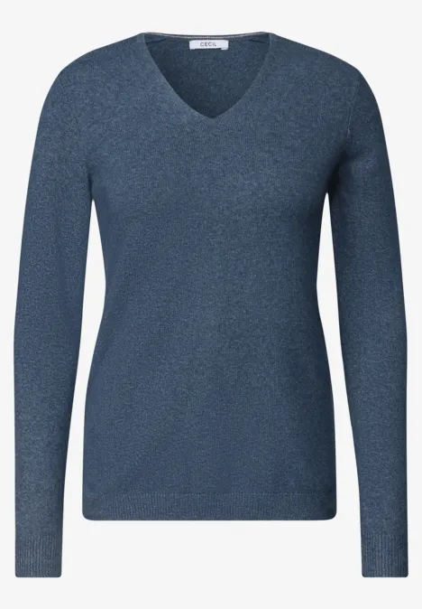 Langarm Pullover mit V-Neck cotton blue melange Schlichter dunkelblauer Pullover mit V-Ausschnitt und langen Ärmeln.