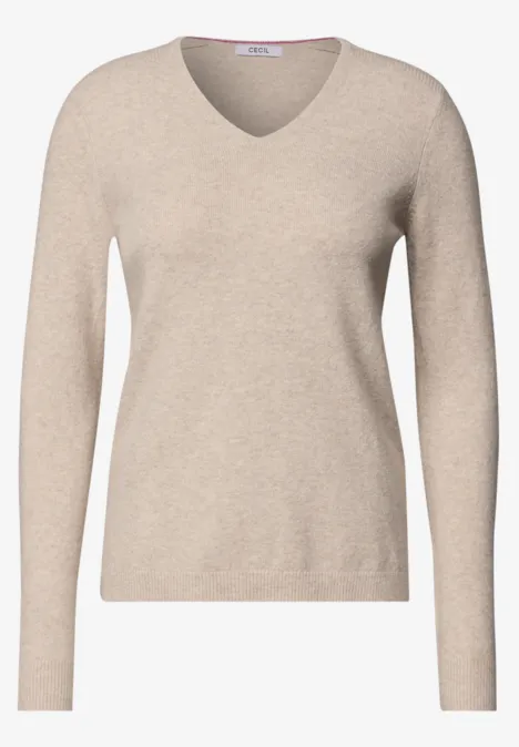 Langarm Pullover mit V-Neck Coffee beige melange Beiger Langarmpullover mit V-Ausschnitt für Damen