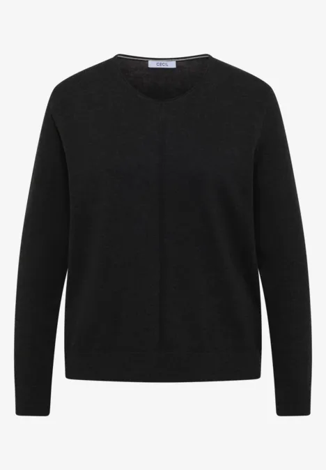 Schwarze, schlichte Strickjacke mit Rundhalsausschnitt und langen Ärmeln.