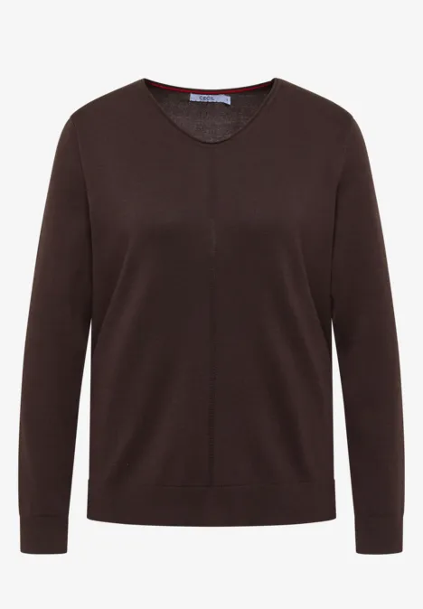 Dunkelbrauner Damenpullover mit V-Ausschnitt und Nahtdetail vorne, langärmelig.