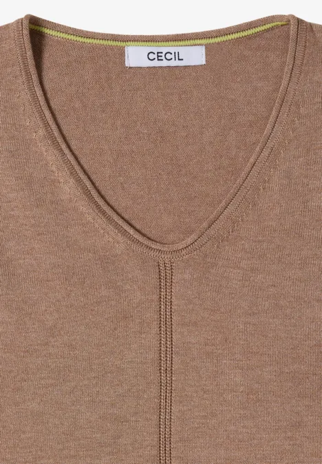 Brauner V-Ausschnitt-Pullover mit feinem Strickmuster und Markenlabel