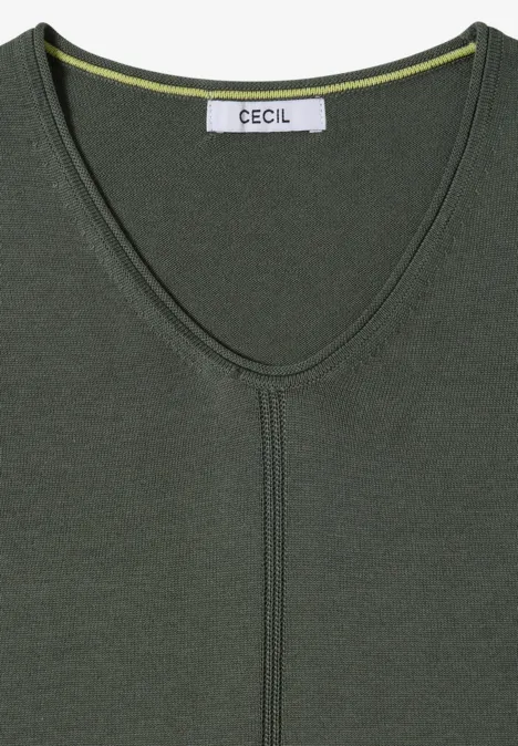 Olivgrünes V-Ausschnitt-Shirt mit mittiger Naht und schlichtem Design.