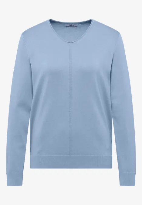 Hellblauer Pullover mit V-Ausschnitt und langen Ärmeln.
