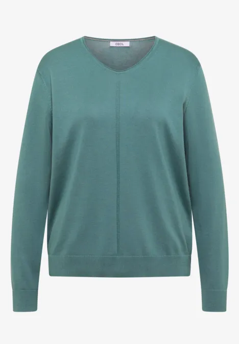 Ein schlichtes, grünes V-Ausschnitt-Pullover mit langen Ärmeln.