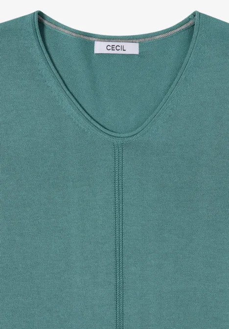 Dunkelgrüner V-Ausschnitt-Pullover mit CECIL-Label.