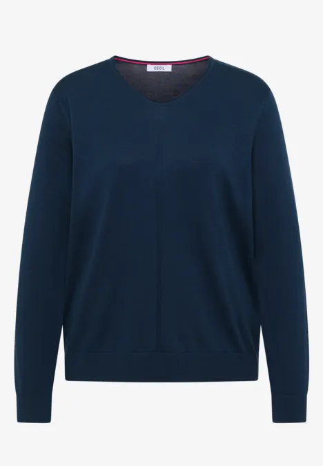 Basic Pullover mit V-Neck in Unifarbe moonlight blue Dunkelblauer V-Ausschnitt-Pullover aus feiner Strickware
