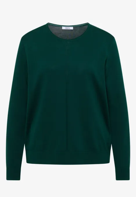 Ein dunkelgrüner Pullover mit Rundhalsausschnitt und langen Ärmeln, schlicht und zeitlos.