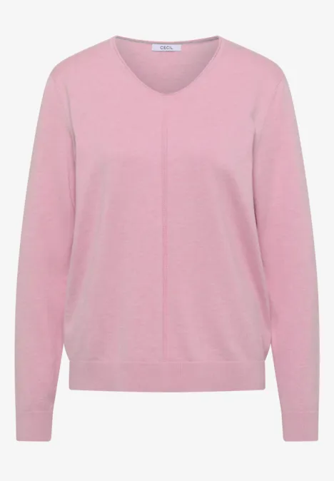 Rosa Feinstrickpullover mit V-Ausschnitt und langen Ärmeln.