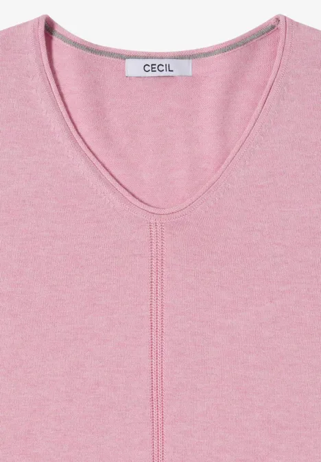Rosa V-Ausschnitt-Shirt aus weichem Stoff mit mittiger Naht und CECIL-Label am Kragen