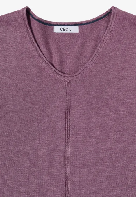 Basic Pullover mit V-Neck in Unifarbe lavender purple melange Gefaltetes, fliederfarbenes Damenshirt mit U-Ausschnitt und mittiger Ziernaht, Label ‚CECIL‘ sichtbar
