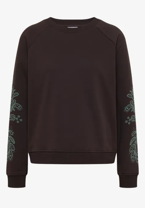 Schwarzes Sweatshirt mit Rundhalsausschnitt und filigratem grünem Muster an den Ärmeln.