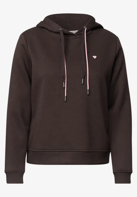 Dunkelbrauner Kapuzenpullover mit kleinem Logo-Emblem und Kordelzügen