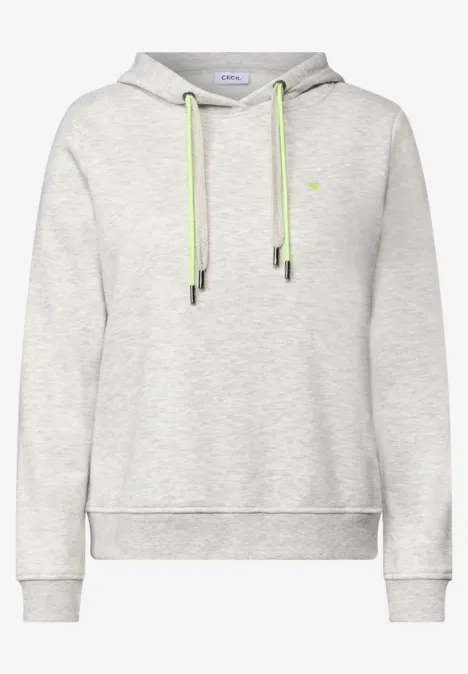 Langarm Sweatshirt mit Kapuze light grey melange Hellgrauer Kapuzenpullover mit langen Ärmeln und neongrünen Kordeln.