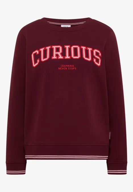Bordeauxfarbenes Sweatshirt mit weißem Schriftzug 'CURIOUS' und dezenten Streifen an Bündchen und Saum.