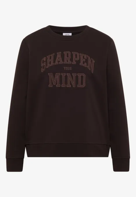 Dunkelbraunes Sweatshirt mit rundem Ausschnitt und aufgedrucktem Schriftzug 'SHARPEN YOUR MIND'.