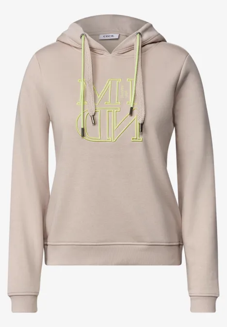 Sweatshirt mit Kapuze und Artwork snow cloud beige Beiger Hoodie mit neon-gelben Kordeln und spiegelverkehrtem »MIND«-Schriftzug.