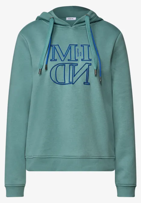 Sweatshirt mit Kapuze und Artwork mineral blue Grüner Kapuzenpullover mit blauer, teils spiegelverkehrter Aufschrift 'MIND'