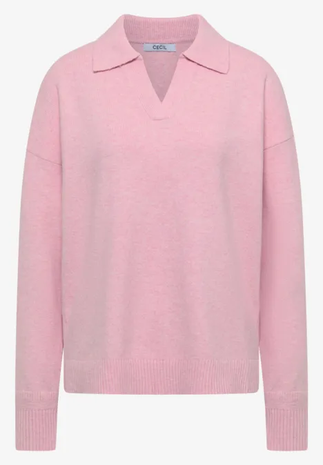 Rosa Pullover mit Hemdkragen und V-Ausschnitt, lange Ärmel