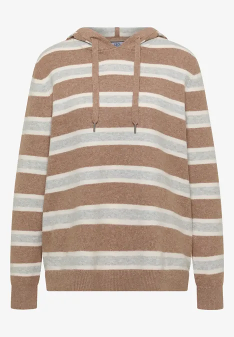Pull à capuche en maille beige à rayures blanches et marron clair
