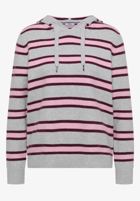 Grauer Kapuzenpullover mit lila und pinken Streifen, langen Ärmeln und Kordelzug.